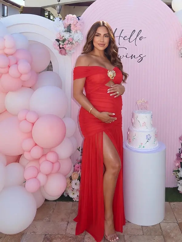 Red Off Shoulder Ruched Maternity Maxi Dress for Baby Shower and Maternity Photoshoot