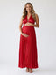 Red Pleated Satin Halter Maternity Maxi Dress for Baby Shower & Gender Reveal