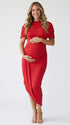 red ruched maternity midi dress with matching shawl and bodycon silhouette