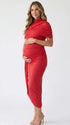 red ruched maternity midi dress with matching shawl and bodycon silhouette