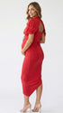 red ruched maternity midi dress with matching shawl and bodycon silhouette