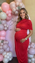 red ruched maternity midi dress with matching shawl and bodycon silhouette