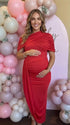 red ruched maternity midi dress with matching shawl and bodycon silhouette