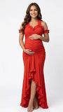 Red ruffle halter maternity maxi dress with ruched bodycon fit and flowing high-low hem