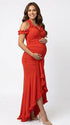 Red ruffle halter maternity maxi dress with ruched bodycon fit and flowing high-low hem