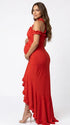 Red ruffle halter maternity maxi dress with ruched bodycon fit and flowing high-low hem