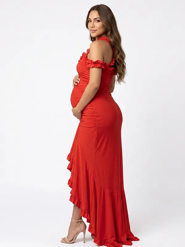 Red ruffle halter maternity maxi dress with ruched bodycon fit and flowing high-low hem