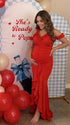 Red ruffle halter maternity maxi dress with ruched bodycon fit and flowing high-low hem