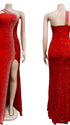 Red luxury sequin one shoulder maternity maxi dress with rhinestone embellishment and dramatic high slit