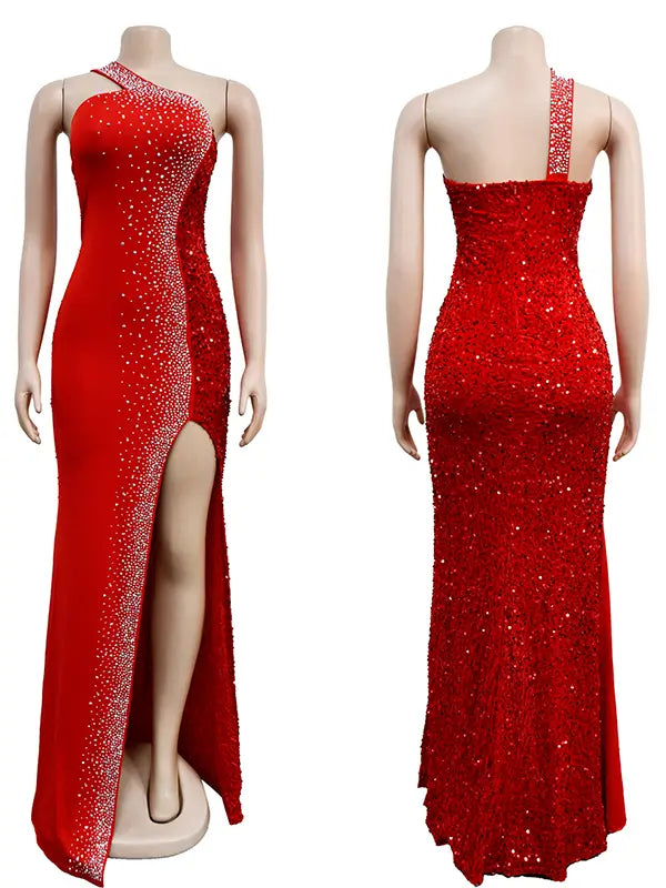 Red luxury sequin one shoulder maternity maxi dress with rhinestone embellishment and dramatic high slit