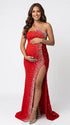 Red luxury sequin one shoulder maternity maxi dress with rhinestone embellishment and dramatic high slit