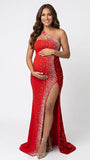Red luxury sequin one shoulder maternity maxi dress with rhinestone embellishment and dramatic high slit