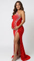 Red luxury sequin one shoulder maternity maxi dress with rhinestone embellishment and dramatic high slit