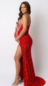 Red luxury sequin one shoulder maternity maxi dress with rhinestone embellishment and dramatic high slit