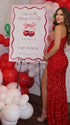 Red luxury sequin one shoulder maternity maxi dress with rhinestone embellishment and dramatic high slit