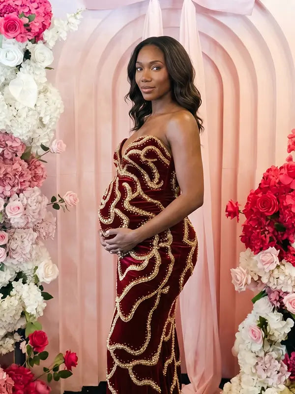Red Sequin Rose Maternity Maxi Dress for Baby Shower and Maternity Photoshoot