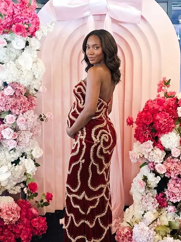 Red Sequin Rose Maternity Maxi Dress for Baby Shower and Maternity Photoshoot
