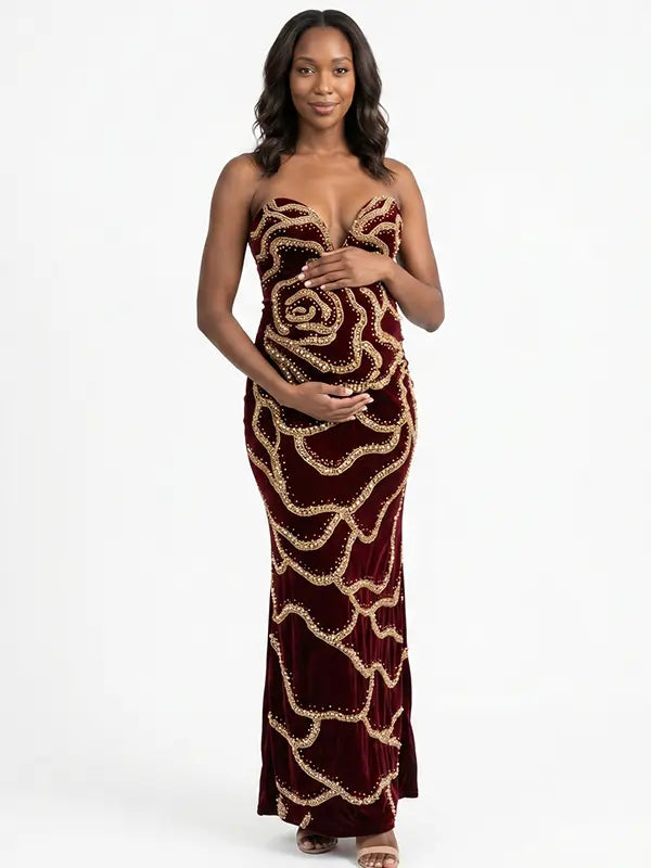 Red Sequin Rose Maternity Maxi Dress for Baby Shower and Maternity Photoshoot