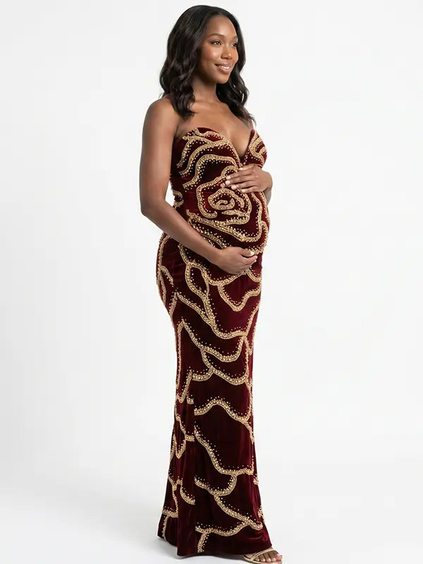 Red Sequin Rose Maternity Maxi Dress for Baby Shower and Maternity Photoshoot