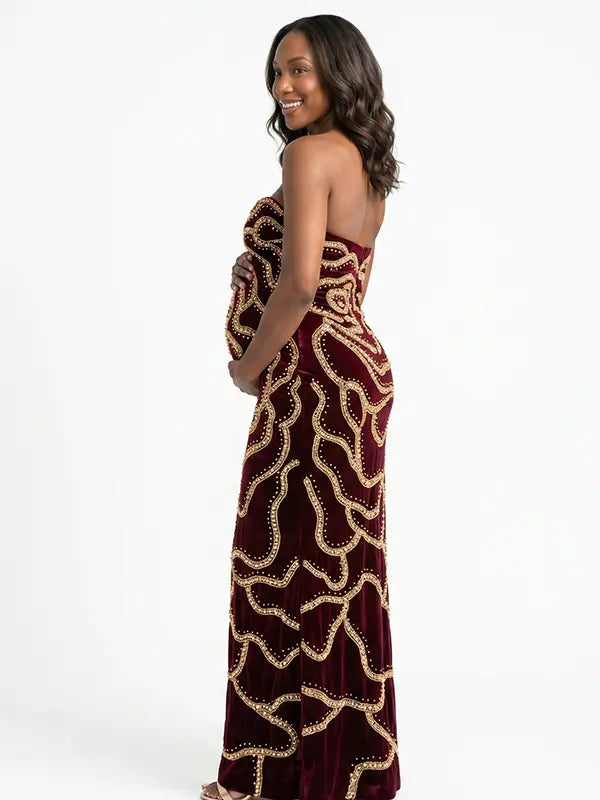 Red Sequin Rose Maternity Maxi Dress for Baby Shower and Maternity Photoshoot