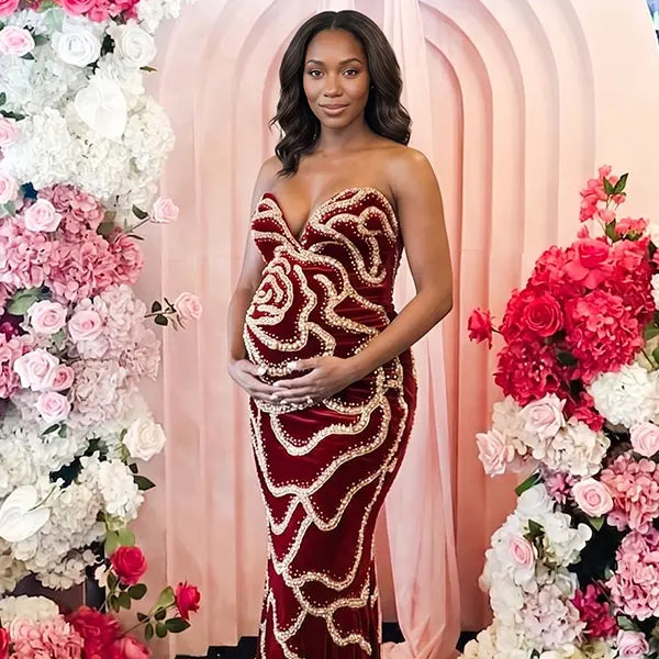 Red Sequin Rose Maternity Maxi Dress for Baby Shower and Maternity Photoshoot