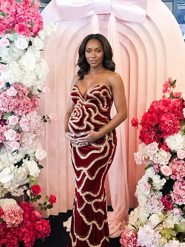 Red Sequin Rose Maternity Maxi Dress for Baby Shower and Maternity Photoshoot