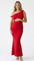 red solid off shoulder maternity maxi dress with bodycon silhouette