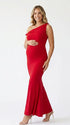 red solid off shoulder maternity maxi dress with bodycon silhouette