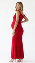 red solid off shoulder maternity maxi dress with bodycon silhouette