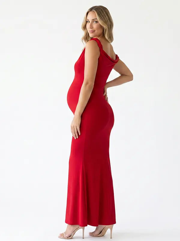 red solid off shoulder maternity maxi dress with bodycon silhouette