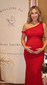 red solid off shoulder maternity maxi dress with bodycon silhouette