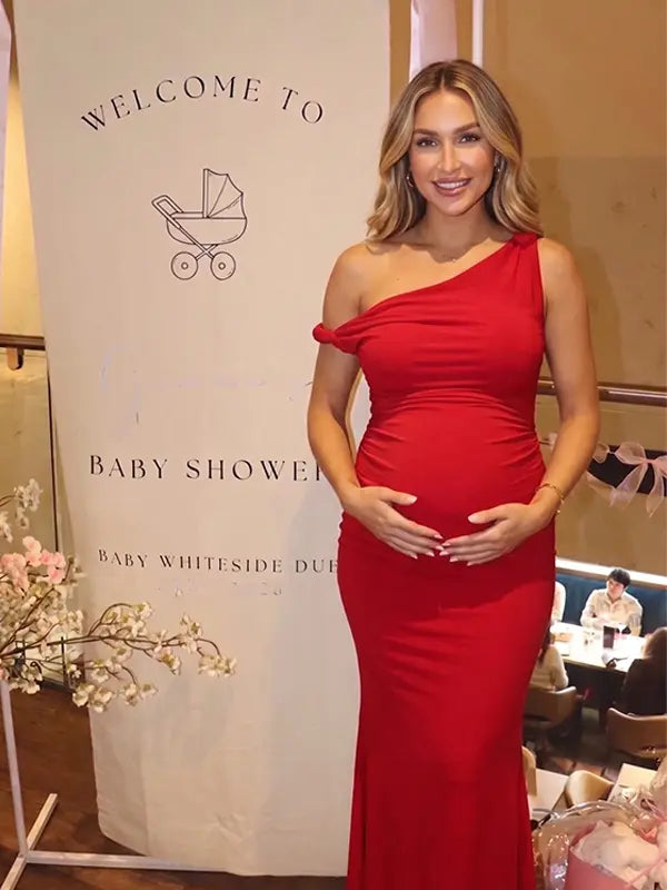 red solid off shoulder maternity maxi dress with bodycon silhouette