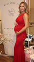 red solid off shoulder maternity maxi dress with bodycon silhouette