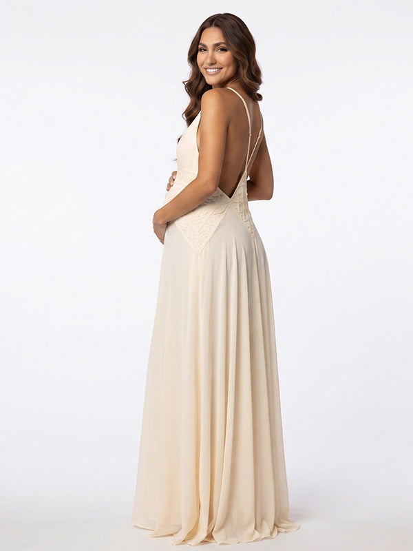Ivory Open Back Maternity Gown with Deep V-Neck | Bumplook