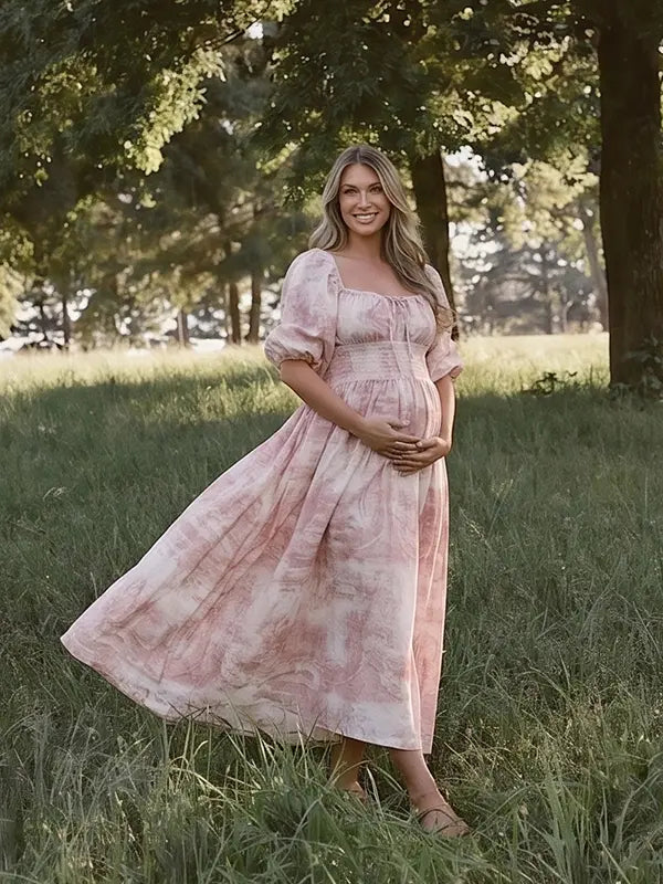 Romantic Pink Maternity Dress for Outdoor Pregnancy Photoshoot | Bumplook