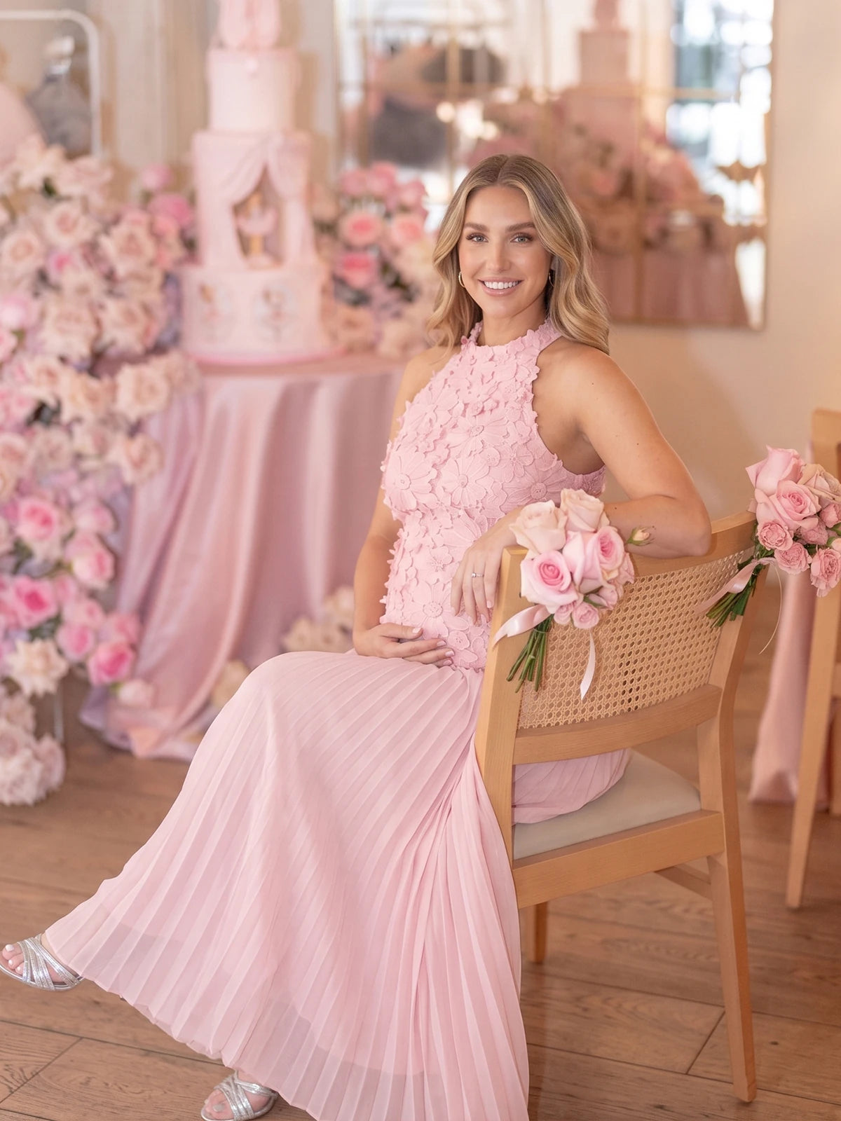 Blush Pink Pleated Pregnancy Maxi Dress for Special Occasions | Bumplook