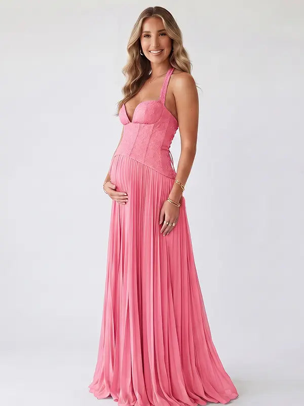 Rose Pink Lace Maternity Dress, Corset Pregnancy Dress for Baby Shower, Maternity Photoshoot, Gender Reveal, Pregnancy Announcement, Wedding Guest, Bridal Shower, Formal Events | Bumplook