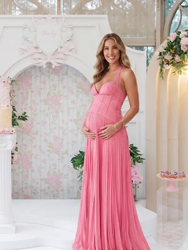 Rose Pink Maternity Maxi Dress, Lace-Up Back Pregnancy Dress for Baby Shower, Maternity Photoshoot, Gender Reveal, Pregnancy Announcement, Wedding Guest, Bridal Shower, Formal Events | Bumplook