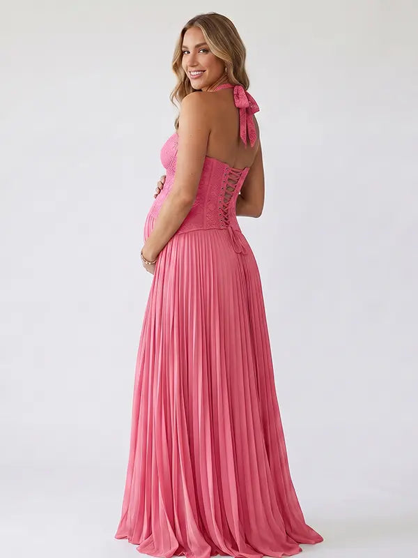 Rose Pink Maternity Maxi Dress, Lace-Up Back Pregnancy Dress for Baby Shower, Maternity Photoshoot, Gender Reveal, Pregnancy Announcement, Wedding Guest, Bridal Shower, Formal Events | Bumplook