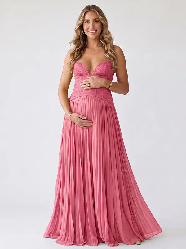 Rose Pink Maternity Dress, Lace Corset Pregnancy Maxi Dress for Baby Shower, Maternity Photoshoot, Gender Reveal, Pregnancy Announcement, Wedding Guest, Bridal Shower, Formal Events | Bumplook