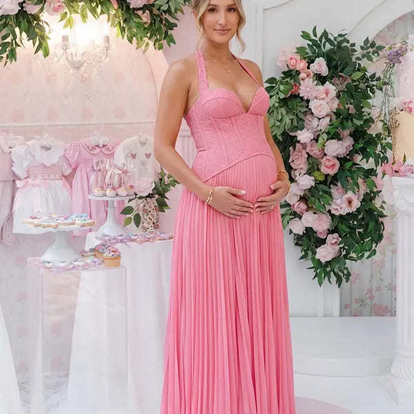 Rose Pink Maternity Dress, Lace Corset Pregnancy Maxi Dress for Baby Shower, Maternity Photoshoot, Gender Reveal, Pregnancy Announcement, Wedding Guest, Bridal Shower, Formal Events | Bumplook