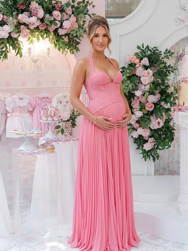 Rose Pink Maternity Dress, Lace Corset Pregnancy Maxi Dress for Baby Shower, Maternity Photoshoot, Gender Reveal, Pregnancy Announcement, Wedding Guest, Bridal Shower, Formal Events | Bumplook