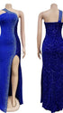 Royal blue sequin one shoulder maternity maxi dress with rhinestone embellishment and dramatic high slit