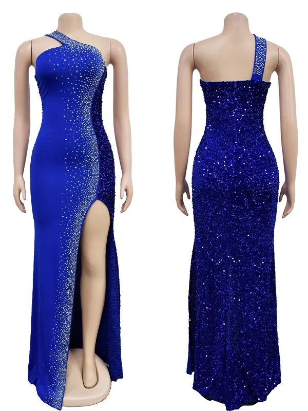 Royal blue sequin one shoulder maternity maxi dress with rhinestone embellishment and dramatic high slit
