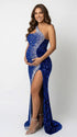 Royal blue sequin one shoulder maternity maxi dress with rhinestone embellishment and dramatic high slit