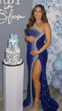 Royal blue sequin one shoulder maternity maxi dress with rhinestone embellishment and dramatic high slit