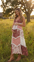 Rust Floral Maternity Dress, Boho Patchwork Pregnancy Maxi Dress for Fall Maternity Photoshoot, Rustic Baby Shower, Outdoor Maternity Photoshoot | Bumplook