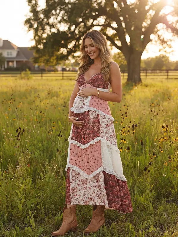 Rust Floral Maternity Dress, Boho Patchwork Pregnancy Maxi Dress for Fall Maternity Photoshoot, Rustic Baby Shower, Outdoor Maternity Photoshoot | Bumplook