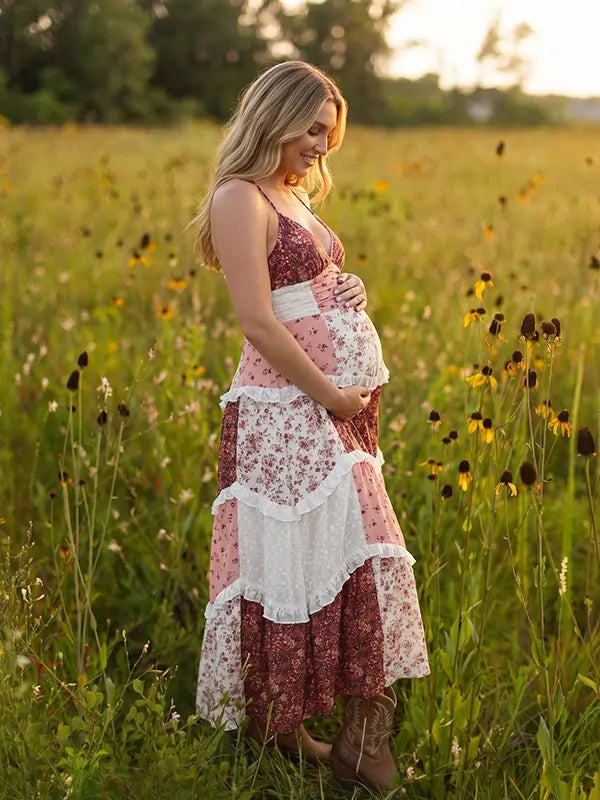 Rust Floral Maternity Dress, Boho Patchwork Pregnancy Maxi Dress for Fall Maternity Photoshoot, Rustic Baby Shower, Outdoor Maternity Photoshoot | Bumplook