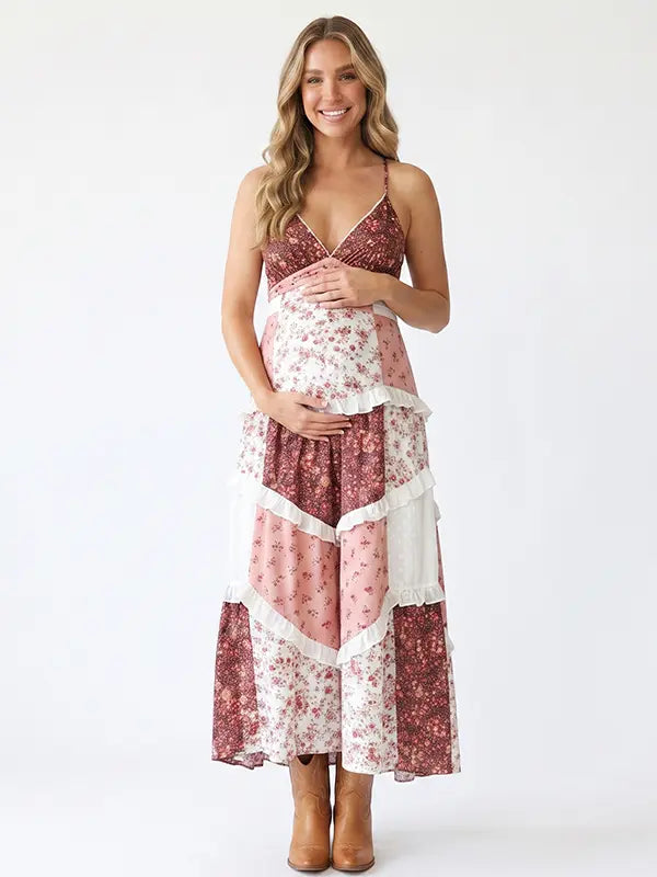 Rust Floral Maternity Dress, Boho Patchwork Pregnancy Maxi Dress for Fall Maternity Photoshoot, Rustic Baby Shower, Outdoor Maternity Photoshoot | Bumplook